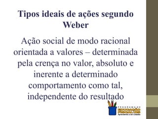 Tipos ideais de ações segundo
Weber
Ação social de modo racional
orientada a valores – determinada
pela crença no valor, absoluto e
inerente a determinado
comportamento como tal,
independente do resultado
 