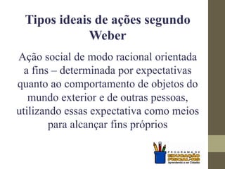 Tipos ideais de ações segundo
Weber
Ação social de modo racional orientada
a fins – determinada por expectativas
quanto ao comportamento de objetos do
mundo exterior e de outras pessoas,
utilizando essas expectativa como meios
para alcançar fins próprios
 