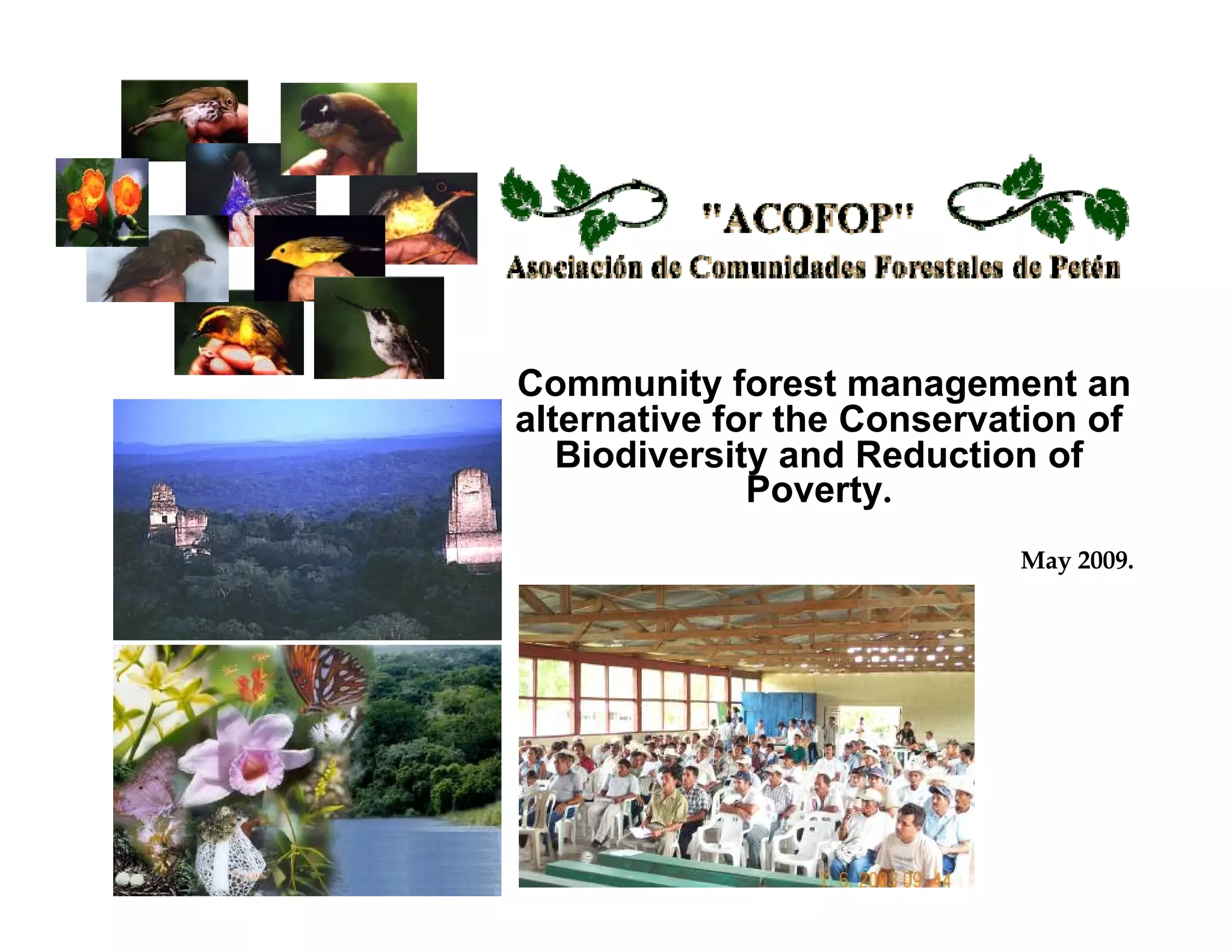 Community forest management an
alternative for the Conservation of
Biodiversity and Reduction of
Poverty.
May 2009.