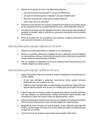 LIBRO DEL ESTUDIANTE


       5.   Discute con tu grupo, en torno a las siguientes preguntas:
            •   ¿En qué se parecen los dos grillos? ¿En qué se diferencian?
            •   ¿En qué son similares grillos e isópodos? ¿En qué se diferencian?
            •   Describe las partes del cuerpo que les puedes observar.
            •   ¿Qué cosas hacen los animales?
       6.   Comparte lo que piensas con tu grupo y prepárate para hacerlo con la clase, acerca
            de las relaciones entre los componentes del terrario. ¿Cómo dependen entre sí?
       7.   Lee sobre los animales que has agregado al terrario. Estas lecturas seleccionadas te
            ayudarán a entender mejor lo que ocurre y por qué se comportan así los animales
            en el terrario.
       8.   Ponte de acuerdo con tus compañeros, para observar y registrar diariamente lo
            que ocurre en el terrario y en el acuario.


Instrucciones para agregar isópodos al terrario
       1.   Utiliza una cuchara para colocar 2 isópodos en un vaso plástico.
       2.   Vuelve a tu asiento y observa tus isópodos de cerca, utilizando una lupa. Registra
            tus observaciones. Incluye información de tamaño, color, movimiento y partes del
            cuerpo. Ilustra tus observaciones y rotúlalas.
       3.   Pon, con cuidado, tus isópodos en el terrario y observa lo que hacen durante 2 ó 3
            minutos. Registra tus observaciones.


Instrucciones para agregar grillos al terrario
       1.   Captura dos grillos. Hay varias formas de hacerlo. Asegúrate de manipularlos con
            mucho cuidado.
            •   Si han sido enfriados y presentan movimientos lentos, puedes tomarlos
                fácilmente con una cuchara y un vaso.
            •   Coloca un vaso invertido sobre un grillo, desliza una tarjeta por debajo del vaso,
                dejando dentro el grillo. Gira el vaso con cuidado, para que el grillo no escape.

       2.   Cubre el vaso con un tarjeta y vuelve a tu grupo para observar el grillo utilizando
            una lupa. Registra tus observaciones. Incluye información sobre tamaño, color,
            movimiento y partes del cuerpo. Ilustra tus observaciones y rotula.
       3.   Coloca los grillos dentro del terrario. Procura ser cuidadoso al manipular los grillos.
            Observa lo que hacen por dos o tres minutos. Registra tus observaciones.
       4.   Asegúrate de tener cortada una base de botella, la que utilizarás como tapa del
            terrario, con tres hoyos en la tapa. Si no lo has hecho aún, pide a tu profesor(a) que
            lo haga con un cuchillo.
       5.   Cubre el terrario con la tapa, lo que evitará que los grillos salten fuera.
                                             
 