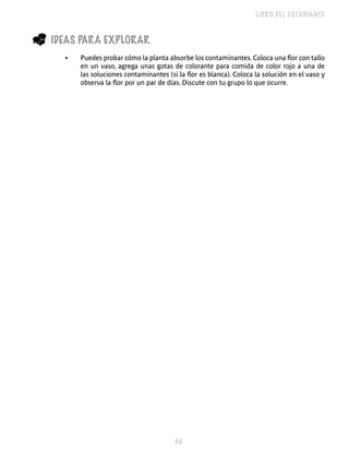 LIBRO DEL ESTUDIANTE


_   IDEAS PARA ExPLORAR
      •   Puedes probar cómo la planta absorbe los contaminantes. Coloca una flor con tallo
          en un vaso, agrega unas gotas de colorante para comida de color rojo a una de
          las soluciones contaminantes (si la flor es blanca). Coloca la solución en el vaso y
          observa la flor por un par de días. Discute con tu grupo lo que ocurre.




                                          0
 