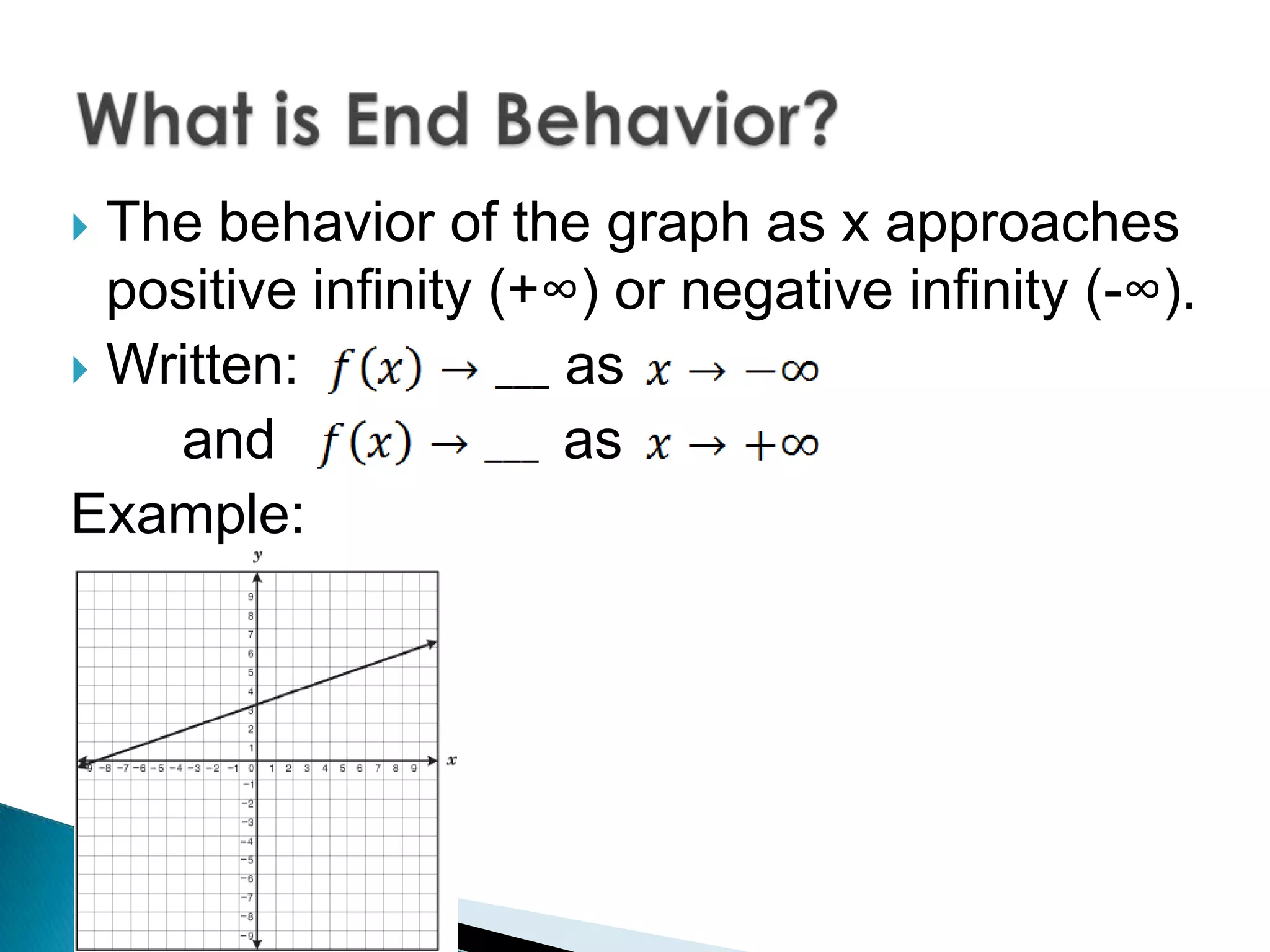  The behavior of the graph as x approaches
positive infinity (+∞) or negative infinity (-∞).
Written: as
and as
Example: