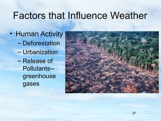 Factors that Influence Weather
• Human Activity
  – Deforestation
  – Urbanization
  – Release of
    Pollutants--
    greenhouse
    gases



                          27
 