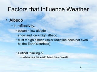 Factors that Influence Weather
• Albedo
  – is reflectivity.
     • ocean = low albedo
     • snow and ice = high albedo
     • dust = high albedo (solar radiation does not even
       hit the Earth’s surface)

     • Critical thinking??
         – When has the earth been the coolest?


                                                  6
 