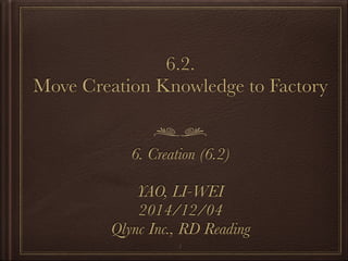 6.2. 
Move Creation Knowledge to Factory 
6. Creation (6.2) 
YAO, LI-WEI 
2014/12/04 
Qlync Inc., RD Reading 
1 
 