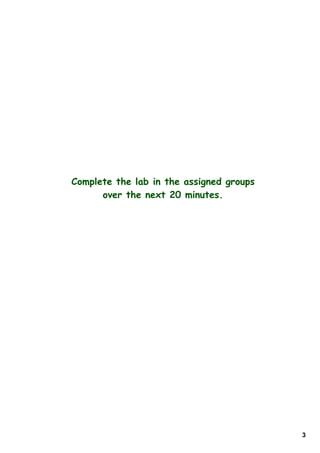 Complete the lab in the assigned groups
      over the next 20 minutes.




                                          3
 