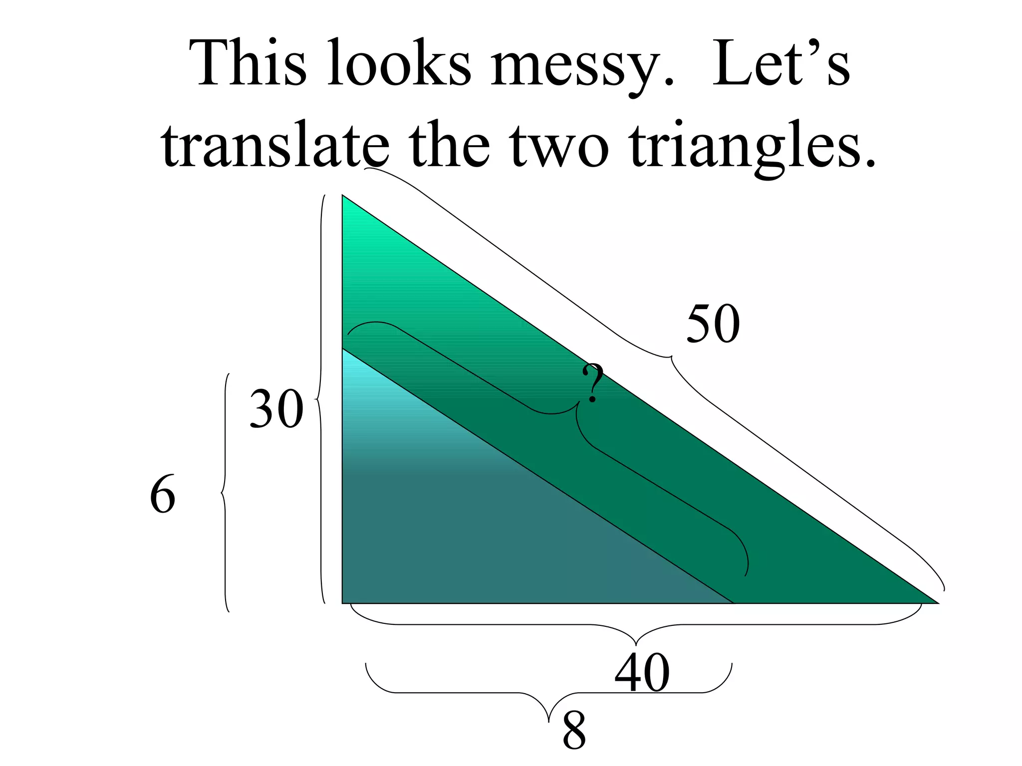 This looks messy.  Let’s translate the two triangles. 30 40 50 6 8 ? 
