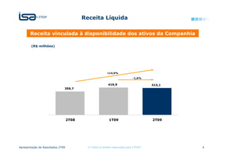 Receita Líquida

       Receita vinculada à disponibilidade dos ativos da Companhia

        (R$ milhões)




                                                         +14,9%

                                                                             -1,6%

                                                          419,9                        413,1
                              359,7




                                  2T08                     1T09                        2T09




Apresentação de Resultados 2T09            © Todos os direitos reservados para CTEEP           8
 