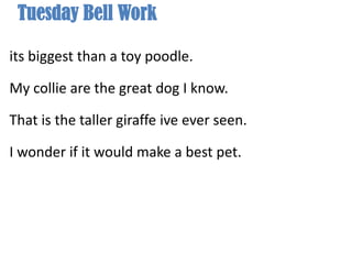 Tuesday Bell Work  its biggest than a toy poodle. My collie are the great dog I know. That is the taller giraffe ive ever seen. I wonder if it would make a best pet.                  