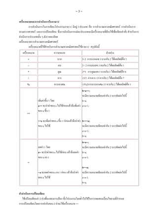 ~3~


                     ก                    ก                                        C
             ก            ก               ก                                            ก                        C       F3                        ก                               Fก                      ก
         ก           F        ก                                                        ก                        ก        F                                        F       F                                   ก
        ก
                 ก                                                                 F
                                      F                            ก                                                             F F        C
                                                                                                                                                                      F
         +                                                                              ก                                              3+2 ก      ก        3 กก 2 F                           F 5
         -                                                                                                                             3-2ก            3     ก 2 F                F 1
         *                                                                                                                             2*3 ก               3 กก 2 F                           F 6
         /                                                                                                                             15/2 ก         15     ก 2 F                F 7
         %                                                                                                                             15%2ก                 15       ก 2 F                         F 1
                                                                                                                                       b=a++;
                                                                                                                                                              Fก 2                    F
                                  F           1                                                                                    b=a;
                         a++                       F                       a                  FกF           F                    F a=a+1;
                                  a           1
        ++

                         ++a                                   F               a            1 กF                F                F b=++a;
                                  a                        F                                                                                                  Fก 2                    F
                                                                                                                                       a=a+1;
                                                                                                                                       b=a;
                                                                                                                                       b=a--;
                                  F 1                                                                                                                         Fก 2                F
                         a--                   F                       a                 FกF            F                    F         b=a;
                                  a           1                                                                                        a=a-1;
         --
                                                                                                                                       b=--a;
                         --a                   F                       a               1 กF         F                    F                                    Fก 2                        F
                                  a                    F                                                                               a=a-1;
                                                                                                                                       b=a;


             ก
    F                    F 2 F                                         ก                ก                           ก                       F ก                               ก
ก                         ก Fก                                         2 F                     F                        ==
 
