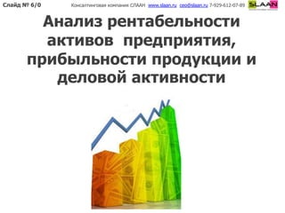 Слайд № 6/0   Консалтинговая компания СЛААН www.slaan.ru ceo@slaan.ru 7-929-612-07-89



        Анализ рентабельности
        активов предприятия,
      прибыльности продукции и
         деловой активности
 