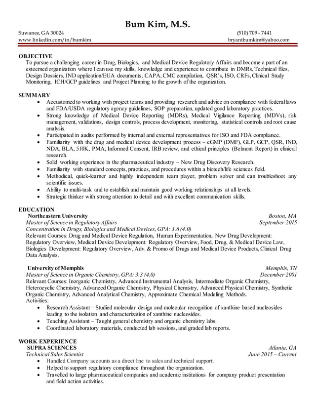 6 32016 regulatory affairs entry level resume bum kim PDF