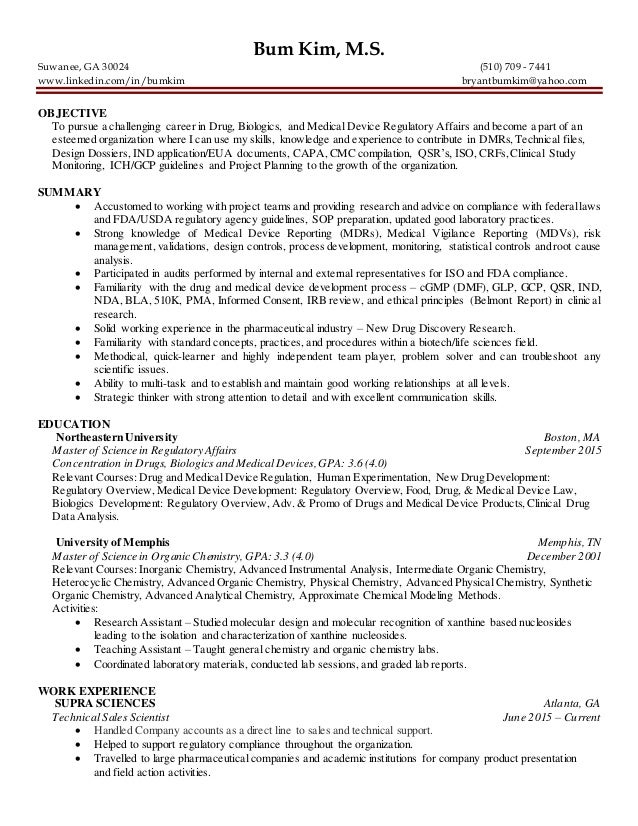 Regulatory affairs skills resume