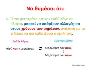 Να θυμάσαι ότι:
A. Όταν μετατρέπουμε τον ευθύ λόγο σε
πλάγιο, μπορεί να υπάρξουν αλλαγές και
στους χρόνους των ρημάτων, ανάλογα με το
τι θέλει να πει κάθε φορά ο ομιλητής.
Ευθύς λόγος
«Πού πας;» με ρώτησε.
Πλάγιος λόγος
Με ρώτησε που πάω.
ή
Με ρώτησε που πήγα.

Γιάννης Φερεντίνος
 