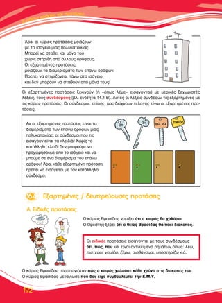 ™™˘˘ÓÓııÓıÓı¤¤ÙÙˆˆ ÊÊÊÚÚÚ¿¿ÛÛÂÂÈÈ˜˜˜ ÎÎ··Î·ÈÈ ÚÚÚÚÔÔÔÙÙÙ¿¿¿Ù¿Ù¿ÛÂÈ˜˜
192
ÕÚ·, ÔÈ Î‡ÚÈÂ˜ ÚÔÙ¿ÛÂÈ˜ ÌÔÈ¿˙Ô˘Ó
ÌÂ ÙÔ ÈÛﬁÁÂÈÔ ÌÈ·˜ ÔÏ˘Î·ÙÔÈÎ›·˜.
ªÔÚÂ› Ó· ÛÙ·ıÂ› Î·È ÌﬁÓÔ ÙÔ˘
¯ˆÚ›˜ ÛÙ‹ÚÈÍË ·ﬁ ¿ÏÏÔ˘˜ ÔÚﬁÊÔ˘˜.
√È ÂÍ·ÚÙËÌ¤ÓÂ˜ ÚÔÙ¿ÛÂÈ˜
ÌÔÈ¿˙Ô˘Ó Ù· ‰È·ÌÂÚ›ÛÌ·Ù· ÙˆÓ Â¿Óˆ ÔÚﬁÊˆÓ.
¶Ú¤ÂÈ Ó· ÛÙËÚ›˙ÔÓÙ·È ¿Óˆ ÛÙÔ ÈÛﬁÁÂÈÔ
Î·È ‰ÂÓ ÌÔÚÔ‡Ó Ó· ÛÙ·ıÔ‡Ó ·ﬁ ÌﬁÓ· ÙÔ˘˜!
√È ÂÍ·ÚÙËÌ¤ÓÂ˜ ÚÔÙ¿ÛÂÈ˜ ÍÂÎÈÓÔ‡Ó (‹ –ﬁˆ˜ Ï¤ÌÂ– ÂÈÛ¿ÁÔÓÙ·È) ÌÂ ÌÂÚÈÎ¤˜ ÍÂ¯ˆÚÈÛÙ¤˜
Ï¤ÍÂÈ˜, ÙÔ˘˜ Û˘Ó‰¤ÛÌÔ˘˜ (‚Ï. ÂÓﬁÙËÙ· 14.1 µ). ∞˘Ù¤˜ ÔÈ Ï¤ÍÂÈ˜ Û˘Ó‰¤Ô˘Ó ÙÈ˜ ÂÍ·ÚÙËÌ¤ÓÂ˜ ÌÂ
ÙÈ˜ Î‡ÚÈÂ˜ ÚÔÙ¿ÛÂÈ˜. √È Û‡Ó‰ÂÛÌÔÈ, Â›ÛË˜, Ì·˜ ‰Â›¯ÓÔ˘Ó ÙÈ ÏÔÁ‹˜ Â›Ó·È ÔÈ ÂÍ·ÚÙËÌ¤ÓÂ˜ ÚÔ-
Ù¿ÛÂÈ˜.
∞Ó ÔÈ ÂÍ·ÚÙËÌ¤ÓÂ˜ ÚÔÙ¿ÛÂÈ˜ Â›Ó·È Ù·
‰È·ÌÂÚ›ÛÌ·Ù· ÙˆÓ Â¿Óˆ ﬁÚÔÊˆÓ ÌÈ·˜
ÔÏ˘Î·ÙÔÈÎ›·˜, ÔÈ Û‡Ó‰ÂÛÌÔÈ Ô˘ ÙÈ˜
ÂÈÛ¿ÁÔ˘Ó Â›Ó·È Ù· ÎÏÂÈ‰È¿! ÃˆÚ›˜ ÙÔ
Î·Ù¿ÏÏËÏÔ ÎÏÂÈ‰› ‰ÂÓ ÌÔÚÔ‡ÌÂ Ó·
ÚÔ¯ˆÚ‹ÛÔ˘ÌÂ ·ﬁ ÙÔ ÈÛﬁÁÂÈÔ Î·È Ó·
ÌÔ‡ÌÂ ÛÂ ¤Ó· ‰È·Ì¤ÚÈÛÌ· ÙÔ˘ Â¿Óˆ
ÔÚﬁÊÔ˘! ÕÚ·, Î¿ıÂ ÂÍ·ÚÙËÌ¤ÓË ÚﬁÙ·ÛË
Ú¤ÂÈ Ó· ÂÈÛ¿ÁÂÙ·È ÌÂ ÙÔÓ Î·Ù¿ÏÏËÏÔ
Û‡Ó‰ÂÛÌÔ.
√ Î‡ÚÈÔ˜ µÚ·Û›‰·˜ ·Ú·ÔÓÈﬁÙ·Ó ˆ˜ Ô Î·ÈÚﬁ˜ ¯·ÏÔ‡ÛÂ Î¿ıÂ ¯ÚﬁÓÔ ÛÙÈ˜ ‰È·ÎÔ¤˜ ÙÔ˘.
√ Î‡ÚÈÔ˜ µÚ·Û›‰·˜ ÌÂÙ¿ÓÈˆÛÂ Ô˘ ‰ÂÓ Â›¯Â Û˘Ì‚Ô˘ÏÂ˘ÙÂ› ÙËÓ ∂.ª.À.
√ Î‡ÚÈÔ˜ µÚ·Û›‰·˜ ÓÔÌ›˙ÂÈ ﬁÙÈ Ô Î·ÈÚﬁ˜ ı· ¯·Ï¿ÛÂÈ.
√ √Ú¤ÛÙË˜ Í¤ÚÂÈ ﬁÙÈ Ô ıÂ›Ô˜ µÚ·Û›‰·˜ ı· ¿ÂÈ ‰È·ÎÔ¤˜.
1166..44 ∂∂ÍÍ··ÚÚÙÙËËÌÌ¤¤ÓÓÂÂ˜˜ // ‰‰ÂÂ˘˘ÙÙÂÂÚÚÂÂ‡‡ÔÔ˘˘ÛÛÂÂ˜˜ ÚÚÔÔÙÙ¿¿ÛÛÂÂÈÈ˜˜
∞∞.. ∂∂ÈÈ‰‰ÈÈÎÎ¤¤˜˜ ÚÚÔÔÙÙ¿¿ÛÛÂÂÈÈ˜˜
√È ÂÈ‰ÈÎ¤˜ ÚÔÙ¿ÛÂÈ˜ ÂÈÛ¿ÁÔÓÙ·È ÌÂ ÙÔ˘˜ Û˘Ó‰¤ÛÌÔ˘˜
ﬁÙÈ, ˆ˜, Ô˘ Î·È Â›Ó·È ·ÓÙÈÎÂ›ÌÂÓ· ÚËÌ¿ÙˆÓ ﬁˆ˜: Ï¤ˆ,
ÈÛÙÂ‡ˆ, ÓÔÌ›˙ˆ, Í¤Úˆ, ·ÈÛı¿ÓÔÌ·È, ˘ÔÛÙËÚ›˙ˆ Î.¿.
ﬁÙÈ
·Ó ÁÈ· Ó· ÂÂÈ‰‹
 