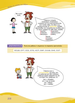 µÚ›ÛÎˆ ÙÈ˜ Û¯¤ÛÂÈ˜ ÙˆÓ Ï¤ÍÂˆÓ
208
À¿Ú¯Ô˘Ó ÔÓﬁÌ·Ù·
ÔÚÁ·ÓÈÛÌÒÓ, ÂÈ¯ÂÈÚ‹ÛÂˆÓ,
Û˘ÏÏﬁÁˆÓ ÎÙÏ. Ù· ÔÔ›· ·ÔÙÂÏÔ‡ÓÙ·È
·ﬁ ÔÏÏ¤˜ Ï¤ÍÂÈ˜. ™ÙË ı¤ÛË ÙÔ˘˜
¯ÚËÛÈÌÔÔÈÔ‡ÌÂ Ù· ··ÚÚÎÎÙÙÈÈÎÎﬁﬁÏÏÂÂÍÍ··, ‰ËÏ·‰‹
·ÎÚÔÛÙÈ¯›‰Â˜ Ô˘ Û¯ËÌ·Ù›˙ÔÓÙ·È Û˘Ó‹ıˆ˜ ·ﬁ
ÙÔ ÚÒÙÔ ÁÚ¿ÌÌ· ÙË˜ Î¿ıÂ Ï¤ÍË˜. ¢ËÏ·‰‹:
¢¢ËÌﬁÛÈ· √√ÚÁ·ÓÈÛÌﬁ˜
∂∂È¯Â›ÚËÛË ∆∆ËÏÂÈÎÔÈÓˆÓÈÒÓ
∏∏ÏÂÎÙÚÈÛÌÔ‡ ∂∂ÏÏ¿‰Ô˜
ÿÿ ‰Ú˘Ì·
∫∫ÔÈÓˆÓÈÎÒÓ
∞∞ÛÊ·Ï›ÛÂˆÓ
Y¿Ú¯Ô˘Ó Î·È ÔÈ
ÛÛ˘˘ÓÓÙÙÔÔÌÌÔÔÁÁÚÚ··ÊÊ››ÂÂ˜˜. ™Â ·˘Ù¤˜, ·ÓÙ›
Ó· ÁÚ¿„Ô˘ÌÂ ÌÈ· Ï¤ÍË ÔÏﬁÎÏËÚË,
ÁÚ¿ÊÔ˘ÌÂ ÌÂÚÈÎ¿ ÁÚ¿ÌÌ·Ù¿ ÙË˜ ÁÈ·
Û˘ÓÙÔÌ›·. ŒÙÛÈ, ÁÚ¿ÊÔ˘ÌÂ, .¯.:
‰ËÏ. = «‰ËÏ·‰‹»
ÎÙÏ. = «Î·È Ù· ÏÔÈ¿»
‚Ï. = «‚Ï¤Â»
ÛÂÏ. = «ÛÂÏ›‰·»
ª· ÙÈ Â›Ó·È
·˘Ù¿;
¢ƒ∞™∆∏ƒπ√∆∏∆∞ 39 ƒˆÙÒ Î·È Ì·ı·›Óˆ ÙÈ ÛËÌ·›ÓÔ˘Ó Ù· ·Ú·Î¿Ùˆ ·ÚÎÙÈÎﬁÏÂÍ·:
√.∂.¢.µ., ∂.ƒ.∆., √.™.∂., ∂.¶.√., ∫.∂.¶., ∂.ª.À., ∂.∫.∞.µ., √.∏.∂., ∂.√.∆.
 