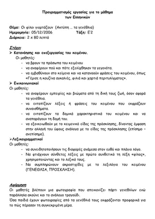 Προγραμματισμός εργασίας για το μάθημα
των Ελληνικών
Θέμα: Οι φίλοι γιορτάζουν (Ακτύπη … τα γενέθλια)
Ημερομηνία: 05/12/2006 Τάξη: Ε’2
Διάρκεια: 2 x 80 λεπτά
Στόχοι
 Κατανόησης και επεξεργασίας του κειμένου.
Οι μαθητές:
- να βρουν τα πρόσωπα του κειμένου
- να αναφέρουν πού και πότε εξελίχθηκαν τα γεγονότα.
- να εμβαθύνουν στο κείμενο και να κατανοούν φράσεις του κειμένου, όπως
«Γέμισε η κουζίνα αγκαλιές, φιλιά και χαρτιά περιτυλίγματος».
 Επικοινωνιακοί
Οι μαθητές:
- να αναφέρουν εμπειρίες και βιώματα από τη δική τους ζωή, όσον αφορά
τα γενέθλια.
- νa εντοπίζουν λέξεις ή φράσεις του κειμένου που εκφράζουν
συναισθήματα.
- να εντοπίζουν τα δομικά χαρακτηριστικά του κειμένου και να
αναπαράγουν τη δομή του.
- να εξοικειωθούν με το κειμενικό είδος της πρόσκλησης, δίνοντας έμφαση
στην αλλαγή του ύφους ανάλογα με το είδος της πρόσκλησης (επίσημο –
ανεπίσημο).
Λεξικογραμματικοί
Οι μαθητές:
- να συνειδητοποιήσουν τις διαφορές ανάμεσα στον ευθύ και πλάγιο λόγο.
- Να φτιάχνουν σύνθετες λέξεις με πρώτο συνθετικό τη λέξη «φίλος»,
χρησιμοποιώντας και το λεξικό τους.
- Να συμπληρώνουν ακροστιχίδες με το λεξιλόγιο του κειμένου
(ΓΕΝΕΘΛΙΑ, ΠΡΟΣΚΛΗΣΗ).
Αφόρμηση
Οι μαθητές βλέπουν μια φωτογραφία που απεικονίζει πάρτι γενεθλίων ενώ
παράλληλα ακούνε και το ανάλογο τραγούδι.
Όσα παιδιά έχουν φωτογραφίες από τα γενέθλιά τους εκφράζονται προφορικά για
το πώς πέρασαν τη συγκεκριμένη μέρα.
 