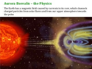 Aurora Borealis – the Physics
The Earth has a magnetic field caused by currents in its core, which channels
charged particles from solar flares and from our upper atmosphere towards
the poles
 