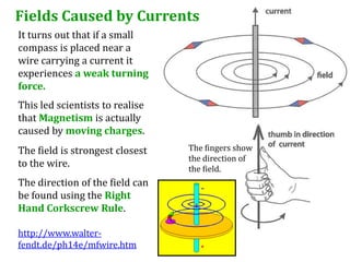 Fields Caused by Currents
It turns out that if a small
compass is placed near a
wire carrying a current it
experiences a weak turning
force.
This led scientists to realise
that Magnetism is actually
caused by moving charges.
The field is strongest closest   The fingers show
                                 the direction of
to the wire.                     the field.
The direction of the field can
be found using the Right
Hand Corkscrew Rule.

http://www.walter-
fendt.de/ph14e/mfwire.htm
 