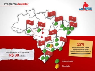 Programa Acreditar


                                                   MA



                                                                 PI                      PE


                            RO
                                 MT                                                        AL

                                                                                  PE
                                                                       PI
                       RO
                                                       MG




                                            SP                               RJ

                                                            MG
                                 PR

                                                  SP
                                                                                                15%
                                                                  RJ                      dos qualificados fazem
                                                                                           parte dos Programas
                                       PR
                                                                                        Sociais do Governo Federal
 Investimento no Programa                    RS

    R$ 30 milhões                 RS

                                                                            Implementado

                                                                            Planejado
 