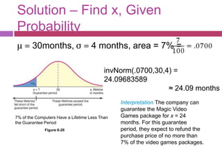 Solution – Find x, Given
Probability
μ = 30months, σ = 4 months, area = 7% =

                                           invNorm(.0700,30,4) =
                                           24.09683589
                                                             ≈ 24.09 months
                                                Interpretation The company can
                                                guarantee the Magic Video
7% of the Computers Have a Lifetime Less Than   Games package for x = 24
the Guarantee Period                            months. For this guarantee
              Figure 6-26                       period, they expect to refund the
                                                purchase price of no more than
                                                7% of the video games packages.
 