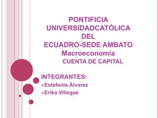 PONTIFICIA
  UNIVERSIDADCATÓLICA
           DEL
 ECUADRO-SEDE AMBATO
      Macroeconomía
        CUENTA DE CAPITAL

INTEGRANTES:
Estefanía  Álvarez
Erika Villegas
 