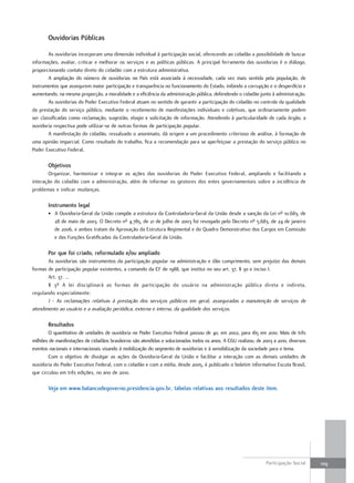Ouvidorias Públicas

        As.ouvidorias.incorporam.uma.dimensão.individual.à.participação.social,.oferecendo.ao.cidadão.a.possibilidade.de.buscar.
informações,.avaliar,.criticar.e.melhorar.os.serviços.e.as.políticas.públicas..A.principal.ferramenta.das.ouvidorias.é.o.diálogo,.
proporcionando.contato.direto.do.cidadão.com.a.estrutura.administrativa.
        A. ampliação. do. número. de. ouvidorias. no. país. está. associada. à. necessidade,. cada. vez. mais. sentida. pela. população,. de.
instrumentos.que.assegurem.maior.participação.e.transparência.no.funcionamento.do.estado,.inibindo.a.corrupção.e.o.desperdício.e.
aumentando,.na.mesma.proporção,.a.moralidade.e.a.eficiência.da.administração.pública,.defendendo.o.cidadão.junto.à.administração.
        As.ouvidorias.do.poder.executivo.federal.atuam.no.sentido.de.garantir.a.participação.do.cidadão.no.controle.da.qualidade.
da.prestação.do.serviço.público,.mediante.o.recebimento.de.manifestações.individuais.e.coletivas,.que.ordinariamente.podem.
ser.classificadas.como.reclamação,.sugestão,.elogio.e.solicitação.de.informação..Atendendo.à.particularidade.de.cada.órgão,.a.
ouvidoria.respectiva.pode.utilizar-se.de.outras.formas.de.participação.popular.
        A.manifestação.do.cidadão,.ressalvado.o.anonimato,.dá.origem.a.um.procedimento.criterioso.de.análise,.à.formação.de.
uma.opinião.imparcial..Como.resultado.do.trabalho,.fica.a.recomendação.para.se.aperfeiçoar.a.prestação.do.serviço.público.no.
poder.executivo.federal.

        Objetivos
       organizar,. harmonizar. e. integrar. as. ações. das. ouvidorias. do. poder. executivo. federal,. ampliando. e. facilitando. a.
interação.do.cidadão.com.a.administração,.além.de.informar.os.gestores.dos.entes.governamentais.sobre.a.incidência.de.
problemas.e.indicar.mudanças.

        Instrumento legal
        •. A.ouvidoria-Geral.da.união.compõe.a.estrutura.da.Controladoria-Geral.da.união.desde.a.sanção.da.Lei.nº.10.683,.de.
           28.de.maio.de.2003..o.decreto.nº.4.785,.de.21.de.julho.de.2003.foi.revogado.pelo.decreto.nº.5.683,.de.24.de.janeiro.
           de.2006,.e.ambos.tratam.da.Aprovação.da.estrutura.regimental.e.do.quadro.demonstrativo.dos.Cargos.em.Comissão.
           e.das.funções.Gratificadas.da.Controladoria-Geral.da.união..

        Por que foi criado, reformulado e/ou ampliado
       As.ouvidorias.são.instrumentos.da.participação.popular.na.administração.e.dão.cumprimento,.sem.prejuízo.das.demais.
formas.de.participação.popular.existentes,.a.comando.da.Cf.de.1988,.que.institui.no.seu.art..37,.§.3o.e.inciso.I:
       Art..37.....
       §. 3º. A. lei. disciplinará. as. formas. de. participação. do. usuário. na. administração. pública. direta. e. indireta,.
regulando.especialmente:
       I - As reclamações relativas à prestação dos serviços públicos em geral, asseguradas a manutenção de serviços de
atendimento ao usuário e a avaliação periódica, externa e interna, da qualidade dos serviços.

        Resultados
        o.quantitativo.de.unidades.de.ouvidoria.no.poder.executivo.federal.passou.de.40,.em.2002,.para.165.em.2010..Mais.de.três.
milhões.de.manifestações.de.cidadãos.brasileiros.são.atendidas.e.solucionadas.todos.os.anos..A.CGu.realizou,.de.2003.a.2010,.diversos.
eventos.nacionais.e.internacionais.visando.à.mobilização.do.segmento.de.ouvidorias.e.à.sensibilização.da.sociedade.para.o.tema.
        Com. o. objetivo. de. divulgar. as. ações. da. ouvidoria-Geral. da. união. e. facilitar. a. interação. com. as. demais. unidades. de.
ouvidoria.do.poder.executivo.federal,.com.o.cidadão.e.com.a.mídia,.desde.2005,.é.publicado.o.boletim.informativo.escuta.Brasil,.
que.circulou.em.três.edições,.no.ano.de.2010.

        Veja em www.balancodegoverno.presidencia.gov.br, tabelas relativas aos resultados deste item.




                                                                                                                       participação.Social.     109
 