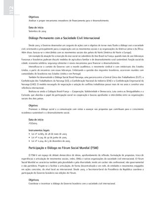 112
              Objetivos
              Analisar.e.propor.mecanismos.inovadores.de.financiamento.para.o.desenvolvimento.

              Data de início
              Setembro.de.2004

              Diálogo Permanente com a Sociedade Civil Internacional

               desde.2003,.o.Governo.desenvolve.um.conjunto.de.ações.com.o.objetivo.de.tornar.mais.fluido.o.diálogo.com.a.sociedade.
      civil,.orientando-o.principalmente.para.a.cooperação.com.os.movimentos.sociais.e.as.organizações.da.América.Latina.e.da.África..
      Além.disso,.buscou-se.o.intercâmbio.com.os.movimentos.sociais.dos.países.do.norte.(América.do.norte.e.europa).
               um.exemplo.da.atuação.foi.a.inserção.do.eixo.social.no.calendário.do.Ano.Brasil.na.frança,.quando.mais.de.200.lideranças.
      francesas.e.brasileiras.puderam.discutir.modelos.de.agricultura.familiar.e.de.desenvolvimento.rural.sustentável,.função.social.da.
      cidade,.economia.solidária,.segurança.alimentar.e.novos.mecanismos.para.financiar.o.desenvolvimento.
               Intensificou-se. o. contato. do. Governo. com. o. mundo. acadêmico,. o. movimento. sindical. e. com. intelectuais. dos. estados.
      unidos,.a.partir.de.encontros.com.essas.lideranças..enfatizando.a.questão.dos.migrantes.brasileiros,.ocorreram.reuniões.com.
      comunidades.de.brasileiros.nos.estados.unidos.e.em.portugal.
               também.foi.desenvolvido.o.diálogo.Social.Brasil-noruega,.uma.parceria.entre.a.Central.Única.dos.trabalhadores.(Cut),.a.
      Confederação.dos.trabalhadores.da.noruega.(Lo),.a.Confederação.nacional.da.Indústria.(CnI).e.a.Confederação.empresarial.da.
      noruega.(LHo)..o.modelo.norueguês.de.negociação.e.solução.de.conflitos.trabalhistas.possui.mais.de.100.anos.e.constitui.uma.
      referência.internacional.
               realizou-se.ainda.o.Colóquio.Brasil-frança.–.Cooperação,.Solidariedade.e.democracia,.Luta.contra.as.desigualdades.e.a.
      exclusão,.que.abordou.o.papel.da.participação.social.na.cooperação.e.buscou.aprofundar.o.intercâmbio.entre.as.organizações.
      sociais.dos.dois.países.

              Objetivo
            promover. o. diálogo. social. e. a. comunicação. com. vistas. a. avançar. nas. propostas. que. contribuam. para. o. crescimento.
      econômico.sustentável.e.o.desenvolvimento.social.

              Data de início
              1º/1/2003

              Instrumentos legais
              •. Lei.nº.10.683,.de.28.de.maio.de.2003
              •. Lei.nº.11.129,.de.30.de.junho.de.2005
              •. Lei.nº.11.204,.de.5.de.dezembro.de.2005

              Participação e Diálogo no fórum Social Mundial (fSM)

              o.fSM.é.um.espaço.de.debate.democrático.de.ideias,.aprofundamento.da.reflexão,.formulação.de.propostas,.troca.de.
      experiências.e.articulação.de.movimentos.sociais,.redes,.onGs.e.outras.organizações.da.sociedade.civil.internacional..o.fórum.
      Social.Mundial.se.caracteriza.também.pela.pluralidade.e.pela.diversidade,.tendo.um.caráter.não.confessional,.não.governamental.
      e.não.partidário..propõe-se.a.facilitar.a.articulação,.de.forma.descentralizada.e.em.rede,.de.entidades.e.movimentos.engajados.
      em. ações. concretas,. do. nível. local. ao. internacional.. desde. 2003,. a. Secretaria-Geral. da. presidência. da. república. coordena. a.
      participação.do.Governo.brasileiro.nas.edições.do.fórum.

              Objetivos
              Coordenar.e.incentivar.o.diálogo.do.Governo.brasileiro.com.a.sociedade.civil.internacional.
 