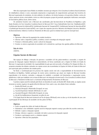 Além.das.organizações.locais.filiadas.às.entidades.nacionais.que.integram.o.foro.Consultivo.econômico-Social.(sindicatos.
de.trabalhadores.urbanos.e.rurais,.associações.empresariais.e.organizações.de.cooperativismo),.participam.dos.encontros.do.
Mercosul.organizações.de.estudantes,.do.meio.ambiente,.de.mulheres,.de.direitos.humanos.e.de.agricultura.familiar;.centros.de.
cultura;.pastorais.sociais;.universidades;.centros.ou.redes.de.pesquisa;.grupos.de.juventude;.populações.tradicionais;.associações.
de.funcionários.públicos.locais,.dentre.outras.
        os. seminários. encontro. com. o. Mercosul. são. coordenados. pela. Secretaria-Geral. da. presidência. da. república. e. pela.
Seção. Brasileira. do. foro. Consultivo. econômico-Social. do. Mercosul. (Cut,. força. Sindical/união. Geral. dos. trabalhadores/uGt,.
Confederação.nacional.da.Indústria/CnI,.Confederação.nacional.do.transporte/Cnt,.Confederação.nacional.da.Agricultura/CnA.
e.Confederação.nacional.do.Comércio/CnC),.com.o.apoio.dos.seguintes.parceiros:.Ministério.das.relações.exteriores;.Ministério.
do.desenvolvimento,.Indústria.e.Comércio;.parlamento.do.Mercosul;.governo.estadual.local;.governo.municipal.local.

        Objetivos
        •.   Aproximar.o.Mercosul.da.população.dos.estados.brasileiros.
        •.   Informar.sobre.a.importância.política,.econômica,.social.e.estratégica.da.integração.regional.
        •.   promover.a.dimensão.política,.social.e.cultural.da.integração.
        •.   envolver.os.setores.organizados.da.sociedade.civil.e.estimulá-los.a.participar.das.agendas.públicas.do.Mercosul.

        Data de início
        31/3/2005

        Cúpulas Sociais do Mercosul

        São. espaços. de. diálogo. e. interação,. de. governos. e. sociedade. civil. dos. países-membros. e. associados,. a. respeito. do.
processo. de. integração. regional.. realizam-se. semestralmente,. de. forma. coordenada. com. a. Cúpula. de. Chefes. de. estado. do.
Mercosul..A.organização.da.atividade.é.de.responsabilidade.do.país.que.está.exercendo.a.presidência.Pro Tempore.do.Bloco..As.
propostas.emanadas.dos.debates.realizados.nas.cúpulas.sociais.são.encaminhadas.às.Cúpulas.de.Chefes.de.estado.do.Mercosul.
para.apreciação.pelos.presidentes.dos.estados-partes.
        no. Brasil,. a. coordenação-geral. do. processo. das. cúpulas. sociais. está. sob. a. responsabilidade. da. Secretaria-Geral. da.
presidência. da. república.. também. participam. do. evento. outros. ministérios. que. atuam. nos. órgãos. do. Mercosul. (reuniões.
especializadas. e. de. ministros,. comissões. e. subgrupos. de. trabalho);. a. sociedade. civil. (movimentos. e. organizações. sociais,.
plataformas.e.redes.que.trabalham.com.os.temas.do.Mercosul.e.da.integração.sul-americana);.o.foro.Consultivo.econômico-Social.
do.Mercosul;.o.parlamento.do.Mercosul.e.a.Comissão.de.representantes.permanentes.do.Mercosul.
        A.primeira.cúpula.social.foi.realizada.pelo.Brasil,.em.dezembro.de.2006,.em.Brasília.(df)..desde.então,.as.cúpulas.sociais.
tornaram-se.eventos.regulares.da.agenda.oficial.do.Mercosul..entre.2006.e.2010,.oito.edições.foram.realizadas:
        1. Brasília.(df-Brasil),.em.2006
        2. Assunção.(paraguai).e.Montevidéu.(uruguai),.em.2007
        3. tucumã.(Argentina).e.Salvador.(BA-Brasil),.em.2008
        4. Assunção.(paraguai).e.Montevidéu.(uruguai),.em.2009
        5. Isla.del.Cerrito/resistencia.(Argentina),.em.julho.de.2010
        A.IX.Cúpula.Social.do.Mercosul.acontecerá.em.foz.do.Iguaçu.(pr-Brasil),.entre.os.dias.14.e.16.de.dezembro.de.2010,.com.
a.participação.de.600.lideranças.da.sociedade.civil.dos.países.do.Bloco.

        Objetivos
        •.   Incidir.na.agenda.dos.chefes.de.estado.do.Mercosul.
        •.   Sistematizar.e.dar.visibilidade.à.agenda.social.da.integração.regional.e.avançar.para.além.dos.acordos.comerciais.
        •.   defender.e.apoiar.a.integração.regional.
        •.   divulgar,.informar.e.capacitar.a.sociedade.civil.sobre.o.processo.de.integração.regional.
        •.   fortalecer.a.participação.social.e.a.cidadania.regional.
        •.   Aproximar.o.Mercosul.das.populações.




                                                                                                                     participação.Social.    115
 