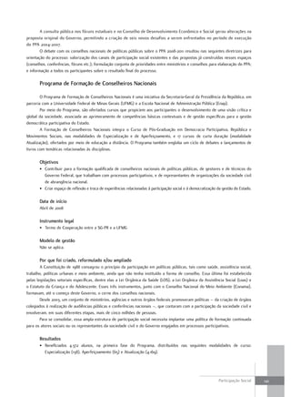 A.consulta.pública.nos.fóruns.estaduais.e.no.Conselho.de.desenvolvimento.econômico.e.Social.gerou.alterações.na.
proposta.original.do.Governo,.permitindo.a.criação.de.seis.novos.desafios.a.serem.enfrentados.no.período.de.execução.
do.ppA.2004-2007.
        o.debate.com.os.conselhos.nacionais.de.políticas.públicas.sobre.o.ppA.2008-2011.resultou.nas.seguintes.diretrizes.para.
orientação.do.processo:.valorização.dos.canais.de.participação.social.existentes.e.das.propostas.já.construídas.nesses.espaços.
(conselhos,.conferências,.fóruns.etc.);.formulação.conjunta.de.prioridades.entre.ministérios.e.conselhos.para.elaboração.do.ppA;.
e.informação.a.todos.os.participantes.sobre.o.resultado.final.do.processo.

       Programa de formação de Conselheiros nacionais

        o.programa.de.formação.de.Conselheiros.nacionais.é.uma.iniciativa.da.Secretaria-Geral.da.presidência.da.república,.em.
parceria.com.a.universidade.federal.de.Minas.Gerais.(ufMG).e.a.escola.nacional.de.Administração.pública.(enap).
        por.meio.do.programa,.são.ofertados.cursos.que.propiciem.aos.participantes.o.desenvolvimento.de.uma.visão.crítica.e.
global.da.sociedade,.associada.ao.aprimoramento.de.competências.básicas.contextuais.e.de.gestão.específicas.para.a.gestão.
democrática.participativa.do.estado.
        A. formação. de. Conselheiros. nacionais. integra. o. Curso. de. pós-Graduação. em. democracia. participativa,. república. e.
Movimentos. Sociais,. nas. modalidades. de. especialização. e. de. Aperfeiçoamento,. e. 17. cursos. de. curta. duração. (modalidade.
Atualização),.ofertados.por.meio.de.educação.a.distância..o.programa.também.engloba.um.ciclo.de.debates.e.lançamentos.de.
livros.com.temáticas.relacionadas.às.disciplinas.

       Objetivos
       •. Contribuir.para.a.formação.qualificada.de.conselheiros.nacionais.de.políticas.públicas,.de.gestores.e.de.técnicos.do.
          Governo.federal,.que.trabalham.com.processos.participativos,.e.de.representantes.de.organizações.da.sociedade.civil.
          de.abrangência.nacional..
       •. Criar.espaço.de.reflexão.e.troca.de.experiências.relacionadas.à.participação.social.e.à.democratização.da.gestão.do.estado.

       Data de início
       Abril.de.2008

       Instrumento legal
       •. termo.de.Cooperação.entre.a.SG-pr.e.a.ufMG

       Modelo de gestão
       não.se.aplica.

       Por que foi criado, reformulado e/ou ampliado
        A.Constituição.de.1988.consagrou.o.princípio.da.participação.em.políticas.públicas,.tais.como.saúde,.assistência.social,.
trabalho,.políticas.urbanas.e.meio.ambiente,.ainda.que.não.tenha.instituído.a.forma.de.conselho..essa.última.foi.estabelecida.
pelas.legislações.setoriais.específicas,.dentre.elas.a.Lei.orgânica.da.Saúde.(LoS),.a.Lei.orgânica.da.Assistência.Social.(Loas).e.
o.estatuto.da.Criança.e.do.Adolescente..esses.três.instrumentos,.junto.com.o.Conselho.nacional.do.Meio.Ambiente.(Conama),.
formavam,.até.o.começo.deste.Governo,.o.cerne.dos.conselhos.nacionais.
        desde.2003,.um.conjunto.de.ministérios,.agências.e.outros.órgãos.federais.promoveram.políticas.–.da.criação.de.órgãos.
colegiados.à.realização.de.audiências.públicas.e.conferências.nacionais.–,.que.contaram.com.a.participação.da.sociedade.civil.e.
envolveram,.em.suas.diferentes.etapas,.mais.de.cinco.milhões.de.pessoas.
        para.se.consolidar,.essa.ampla.estrutura.de.participação.social.necessita.implantar.uma.política.de.formação.continuada.
para.os.atores.sociais.ou.os.representantes.da.sociedade.civil.e.do.Governo.engajados.em.processos.participativos.

       Resultados
       •. Beneficiados. 4.372. alunos,. na. primeira. fase. do. programa,. distribuídos. nas. seguintes. modalidades. de. curso:.
          especialização.(138),.Aperfeiçoamento.(65).e.Atualização.(4.169).




                                                                                                                 participação.Social.   121
 