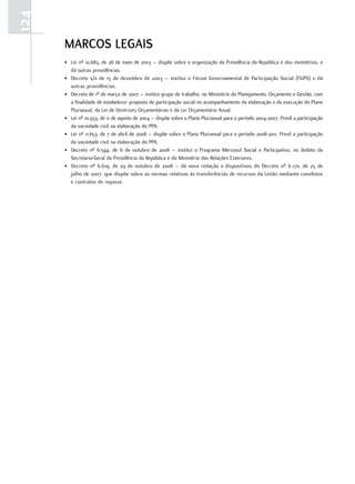 124
      MARCOS LEGAIS
      •. Lei.nº.10.683,.de.28.de.maio.de.2003.–.dispõe.sobre.a.organização.da.presidência.da.república.e.dos.ministérios,.e.
         dá.outras.providências.
      •. decreto.s/n.de.15.de.dezembro.de.2003.–.institui.o.fórum.Governamental.de.participação.Social.(fGpS).e.dá.
         outras.providências.
      •. decreto.de.1º.de.março.de.2007.–.institui.grupo.de.trabalho,.no.Ministério.do.planejamento,.orçamento.e.Gestão,.com.
         a.finalidade.de.estabelecer.proposta.de.participação.social.no.acompanhamento.da.elaboração.e.da.execução.do.plano.
         plurianual,.da.Lei.de.diretrizes.orçamentárias.e.da.Lei.orçamentária.Anual.
      •. Lei.nº.10.933,.de.11.de.agosto.de.2004.–.dispõe.sobre.o.plano.plurianual.para.o.período.2004-2007..prevê.a.participação.
         da.sociedade.civil.na.elaboração.do.ppA.
      •. Lei.nº.11.653,.de.7.de.abril.de.2008.–.dispõe.sobre.o.plano.plurianual.para.o.período.2008-2011..prevê.a.participação.
         da.sociedade.civil.na.elaboração.do.ppA.
      •. decreto. nº. 6.594,. de. 6. de. outubro. de. 2008. –. institui. o. programa. Mercosul. Social. e. participativo,. no. âmbito. da.
         Secretaria-Geral.da.presidência.da.república.e.do.Ministério.das.relações.exteriores.
      •. decreto.nº.6.619,.de.29.de.outubro.de.2008.–.dá.nova.redação.a.dispositivos.do.decreto.nº.6.170,.de.25.de.
         julho.de.2007,.que.dispõe.sobre.as.normas.relativas.às.transferências.de.recursos.da.união.mediante.convênios.
         e.contratos.de.repasse.
 
