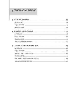 5 DEMOCRACIA E DIÁLOGO



3. PARtICIPAçãO SOCIAL ..................................................................................... 95
    Introdução....................................................................................................................................96
              .
    o.que.foI.feIto.............................................................................................................................. 97
                    .
    MArCoS.LeGAIS...............................................................................................................................124

4. RELAçõES InStItuCIOnAIS ............................................................................. 127
    Introdução...................................................................................................................................128
              .
    o.que.foI.feIto..............................................................................................................................130
    MArCoS.LeGAIS...............................................................................................................................181
                  .
    doCuMentoS.de.referênCIA:.....................................................................................................182

5. COMunICAçãO COM A SOCIEDADE................................................................ 185
    Introdução...................................................................................................................................186
               .
    o.que.foI.feIto..............................................................................................................................186
    GeStão.e.pArtICIpAção.SoCIAL................................................................................................. 203
    MArCoS.LeGAIS..............................................................................................................................205
    IndICAdoreS.AGreGAdoS.de.reSuLtAdo................................................................................205
                                       .
    doCuMentoS.de.referênCIA..................................................................................................... 207
 