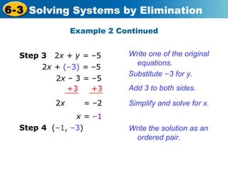 Example 2 Continued Write one of the original equations. 2 x +  (–3)  =  –5 Substitute  – 3  for y. Add 3 to both sides. 2 x  – 3  =  –5 2 x  =  –2 Simplify and solve for x. x =  –1 Write the solution as an ordered pair. Step 3 2 x + y =  –5 +3  +3 Step 4 ( –1 ,  –3 ) 