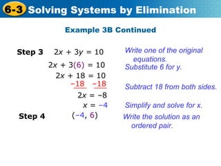Example 3B Continued Write one of the original equations. Substitute 6 for y.  2 x +  3 (6)  =  10 Subtract 18 from both sides. 2 x +  18  =  10 x  =   –4 Simplify and solve for x. Step 3 2 x +  3 y =  10   – 18  –18 2 x  =   –8 Step 4 Write the solution as an ordered pair.  ( –4 ,  6 )  