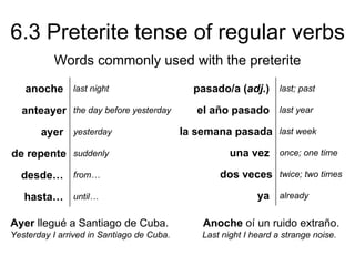 6.3 Preterite tense of regular verbs
          Words commonly used with the preterite
   anoche last night                         pasado/a (adj.) last; past

  anteayer the day before yesterday           el año pasado last year

       ayer yesterday                      la semana pasada last week

de repente suddenly                                   una vez once; one time

  desde… from…                                     dos veces twice; two times

   hasta… until…                                             ya already

Ayer llegué a Santiago de Cuba.                Anoche oí un ruido extraño.
Yesterday I arrived in Santiago de Cuba.       Last night I heard a strange noise.
 