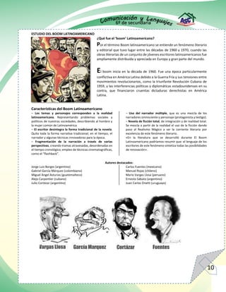 6º de secundaria
10
ESTUDIO DEL BOOM LATINOAMERICANO
¿Qué fue el ‘boom’ Latinoamericano?
Por el término Boom latinoamericano se entiende un fenómeno literario
y editorial que tuvo lugar entre las décadas de 1960 y 1970, cuando las
obras literarias de un conjunto de jóvenes escritores latinoamericanos fue
ampliamente distribuida y apreciada en Europa y gran parte del mundo.
El boom inicia en la década de 1960. Fue una época particularmente
conflictiva en América Latina debido a la Guerra Fría y sus tensiones entre
movimientos revolucionarios, como la triunfante Revolución Cubana de
1959, y las interferencias políticas y diplomáticas estadounidenses en su
contra, que financiaron cruentas dictaduras derechistas en América
Latina.
Características del Boom Latinoamericano
– Los temas y personajes corresponden a la realidad
latinoamericana. Representando problemas sociales y
políticos de nuestras sociedades, describiendo al hombre y
la mujer común de Latinoamérica.
– El escritor desintegra la forma tradicional de la novela.
Quita toda la forma narrativa tradicional; en el tiempo, el
narrador y algunas técnicas innovadoras para la época.
– Fragmentación de la narración a través de varias
perspectivas, creando tramas atravesadas, desordenadas en
el tiempo cronológico; empleo de técnicas cinematográficas,
como el “flashback”.
– Uso del narrador múltiple, que es una mezcla de los
narradores omnisciente y personaje (protagonista y testigo).
– Novela de ficción total, de integración y de realidad total.
Se mezcla a partir de la realidad el uso de la ficción dando
paso al Realismo Mágico a ser la corriente literaria por
excelencia de este fenómeno literario.
«En la literatura que se desarrolló durante El Boom
Latinoamericano podríamos resumir que: el lenguaje de los
escritores de este fenómeno sintetiza todas las posibilidades
de renovación».
Autores destacados:
Jorge Luis Borges (argentino)
Gabriel García Márquez (colombiano)
Miguel Angel Asturias (guatemalteco)
Alejo Carpentier (cubano)
Julio Cortázar (argentino)
Carlos Fuentes (mexicano)
Manuel Rojas (chileno)
Mario Vargas Llosa (peruano)
Ernesto Sábato (argentino)
Juan Carlos Onetti (uruguayo)
 