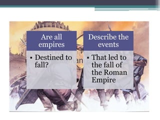 Are all      Describe the
  empires         events
   Section 4 – The Fall of
• Destined to
     the Roman Empire to
                 • That led
 fall?           the fall of
                 the Roman
                 Empire
 