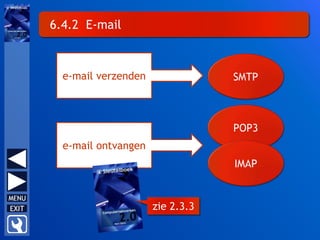 6.4.2 E-mail
SMTPe-mail verzenden
POP3
e-mail ontvangen
IMAP
zie 2.3.3
 