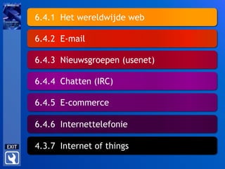 6.4.1 Het wereldwijde web
6.4.2 E-mail
6.4.3 Nieuwsgroepen (usenet)
6.4.4 Chatten (IRC)
6.4.5 E-commerce
6.4.6 Internettelefonie
4.3.7 Internet of things
 
