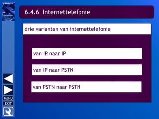 6.4.6 Internettelefonie
drie varianten van internettelefonie
van IP naar IP
van IP naar PSTN
van PSTN naar PSTN
 