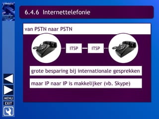 6.4.6 Internettelefonie
van PSTN naar PSTN
grote besparing bij internationale gesprekken
maar IP naar IP is makkelijker (vb. Skype)
ITSP ITSP
 