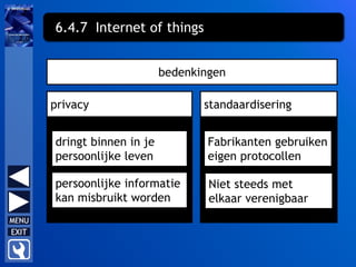 bedenkingen
privacy
dringt binnen in je
persoonlijke leven
6.4.7 Internet of things
persoonlijke informatie
kan misbruikt worden
standaardisering
Fabrikanten gebruiken
eigen protocollen
Niet steeds met
elkaar verenigbaar
 