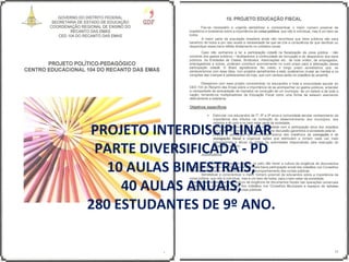 PROJETO INTERDISCIPLINAR
PARTE DIVERSIFICADA - PD
10 AULAS BIMESTRAIS;
40 AULAS ANUAIS;
280 ESTUDANTES DE 9º ANO.
 