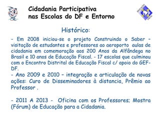 - Em 2008 iniciou-se o projeto Construindo o Saber –
visitação de estudantes e professores ao aeroporto aulas de
cidadania em comemoração aos 200 Anos da Alfândega no
Brasil e 10 anos de Educação Fiscal. - 17 escolas que culminou
com o Encontro Distrital de Educação Fiscal c/ apoio do GEF-
DF.
- Ano 2009 e 2010 – integração e articulação de novas
ações: Curo de Disseminadores à distancia, Prêmio ao
Professor .
- 2011 A 2013 - Oficina com os Professores; Mostra
(Fórum) de Educação para a Cidadania.
Cidadania Participativa
nas Escolas do DF e Entorno
Histórico:
 
