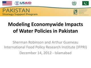 Modeling Economywide Impacts
   of Water Policies in Pakistan
     Sherman Robinson and Arthur Gueneau
International Food Policy Research Institute (IFPRI)
          December 14, 2012 - Islamabad
 