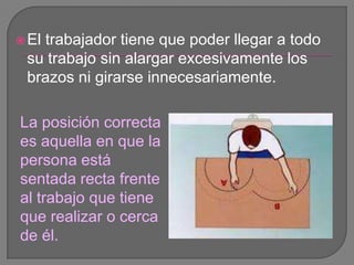 El trabajador tiene que poder llegar a todo su trabajo sin alargar excesivamente los brazos ni girarse innecesariamente. La posición correcta es aquella en que la persona está sentada recta frente al trabajo que tiene que realizar o cerca de él.