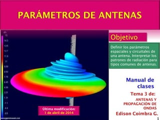 PARÁMETROS DE ANTENAS
1www.coimbraweb.com
Edison Coimbra G.
ANTENAS Y
PROPAGACIÓN DE
ONDAS
Tema 3 de:
Manual de
clases
Objetivo
Definir los parámetros
espaciales y circuitales de
una antena. Interpretar los
patrones de radiación para
tipos comunes de antenas.
Última modificación:
1 de abril de 2014
 