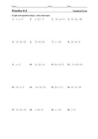 Name                                       Class                   Date

Practice 6-4                                                               Standard Form

Graph each equation using x– and y-intercepts.
1.    x+y=3           2.   x + 3y = –3           3. –2x + 3y = 6   4.     5x – 4y = –20




5.    3x + 4y = 12    6.   7x + 3y = 21          7. y = –2.5       8.     2x – 3y = 4




9.    x=3            10.   3x – 2y = –6          11. 5x + 2y = 5   12. –7x + 2y = 14




13.   3x + y = 3     14.   –3x + 5y = 15         15. 2x + y = 3    16. 8x – 3y = 24




17.   3x – 5y = 15   18.   x + 4y = 4            19. x = –3.5      20. y = 6
 