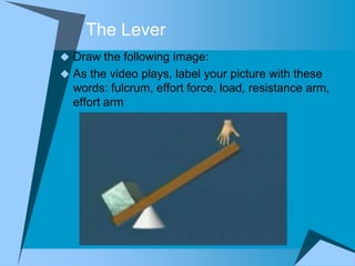 The Lever
 Draw the following image:
 As the video plays, label your picture with these
  words: fulcrum, effort force, load, resistance arm,
  effort arm
 