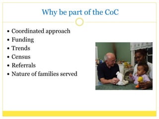 Why be part of the CoC
Coordinated approach
Funding
Trends
Census
Referrals
Nature of families served